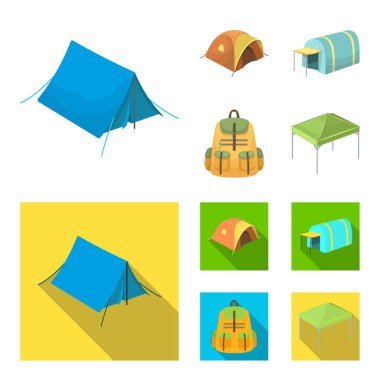Sırt çantası ve diğer tür çadır. Çadır toplama simgeler çizgi film, düz stil vektör simge stok çizim web ayarla..