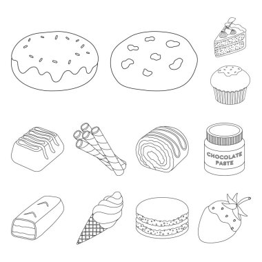 Set koleksiyonu tasarım için çikolata tatlı anahat simgeleri. Çikolata ve şekerleme vektör simgesi web illüstrasyon stok.