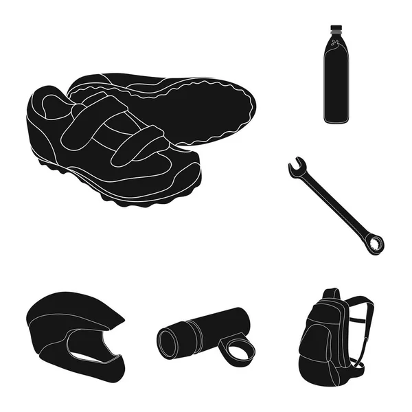 Fiets outfit zwarte pictogrammen in set collectie voor design. Fiets- en gereedschap symbool voorraad web vectorillustratie. — Stockvector