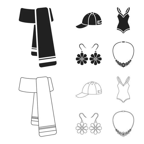 キャップ、イヤリング、ネックレス、水着。服が黒、アウトライン スタイルのベクトル シンボル ストック イラスト web でコレクションのアイコンを設定. — ストックベクタ