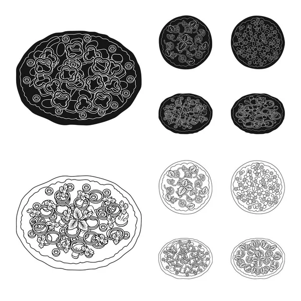 Pizza com carne, queijo e outros recheios. Diferentes ícones de coleção de conjuntos de pizza em preto, esboço estilo vetor símbolo estoque ilustração web . —  Vetores de Stock