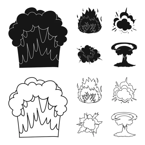 Flammen, Funken, Wasserstofffragmente, Atom- oder Gasexplosionen. Explosionen setzen Sammlung Symbole in schwarz, Umriss Stil Vektor Symbol Stock Illustration Web. — Stockvektor