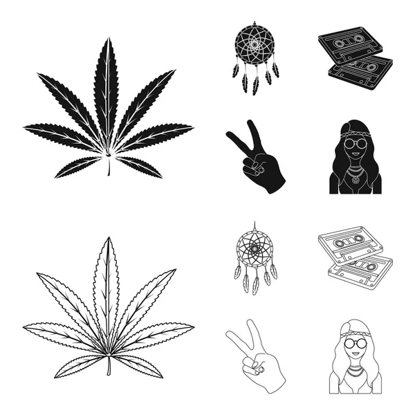 Amulet, hippie girl, freedom sign, old cassette.Hippy set collection icons in black,outline style vector symbol stock illustration web. — Stock Vector