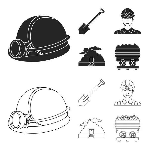 A shovel, a miner, an entrance to a mine, a trolley with coal.Mine set collection icons in black,outline style vector symbol stock illustration web. — Stock Vector
