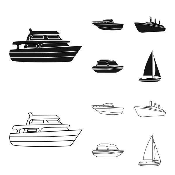 Koruma tekne, cankurtaran, kargo gemi, spor yat. Gemi ve Su ulaştırma araçları toplama simgeler siyah, anahat stili vektör simge stok çizim web ayarla. — Stok Vektör