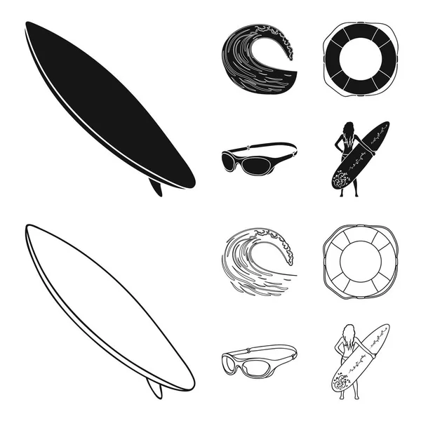 Onda inminente, anillo de vida, gafas, surf de chicas. Surf conjunto colección iconos en negro, contorno estilo vector símbolo stock ilustración web . — Vector de stock