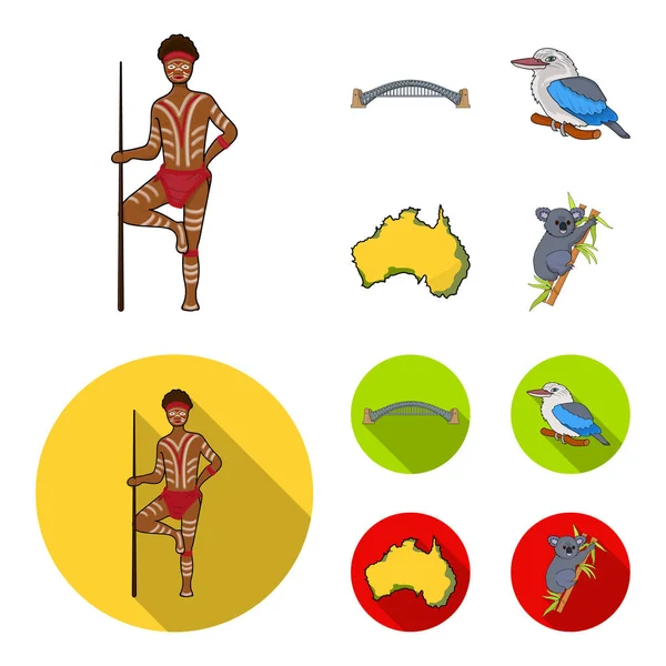 Aborygen z włócznią, Sydney Harbour Bridge, kookabarra na oddział, na terytorium kraju. Australia zestaw kolekcji ikon w kreskówce, www ilustracji symbol wektor płaski. — Wektor stockowy