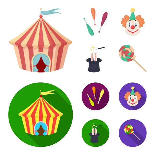 Tente de cirque, messes de jongleur, clown, chapeau de magicien. Ensemble de cirque icônes de la collection en dessin animé, style plat symbole vectoriel illustration web . — Image vectorielle