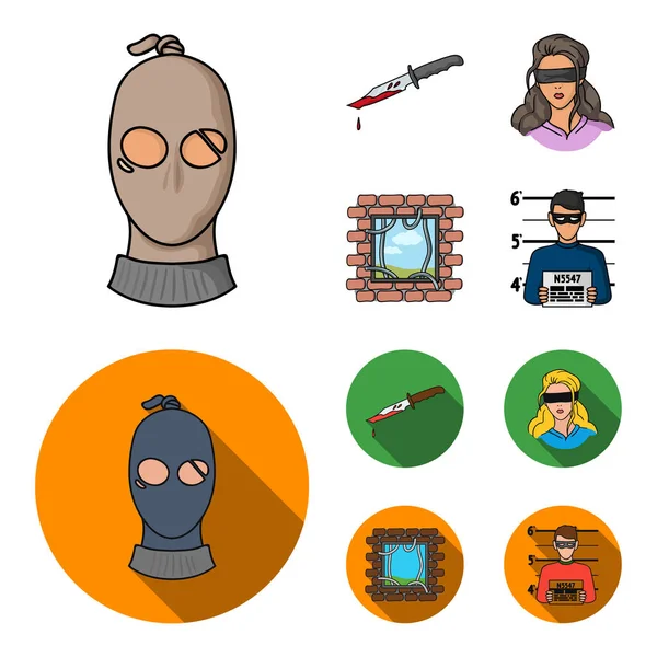 Ein Dieb in einer Maske, ein blutiges Messer, eine Geisel, eine Flucht aus dem Gefangenen.Verbrechen setzte Sammlung Symbole in Cartoon, flachen Stil Vektor Symbol Stock Illustration Web. — Stockvektor