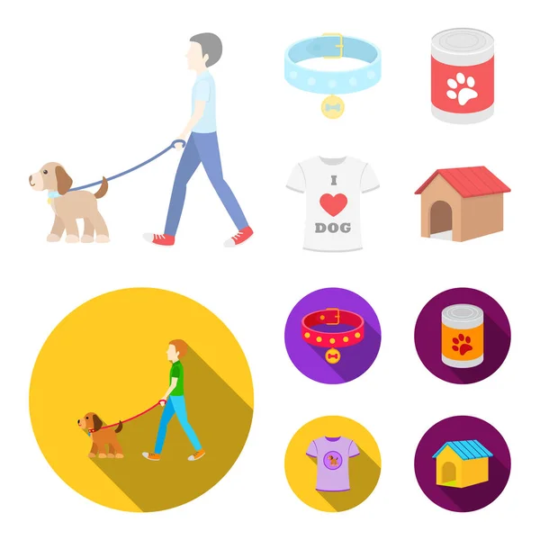 Un hombre pasea con un perro, un collar con una medalla, comida, una camiseta Me encanta el perro.Iconos de colección de perro en dibujos animados, vector de estilo plano símbolo stock illustration web . — Vector de stock