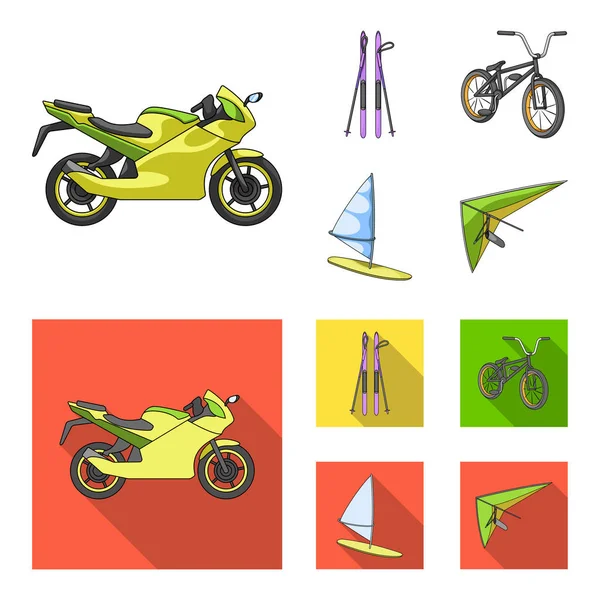 Motorcycle, mountain skiing, biking, surfing with a sail.Extreme sport set collection icons in cartoon,flat style vector symbol stock illustration web. — Stock Vector