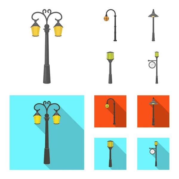 Lamppost în stil retro, felinar modern, lanternă și alte tipuri de lumini stradale. Lamppost set de colecție icoane în desene animate, stil plat vector simbol stoc ilustrație web . — Vector de stoc