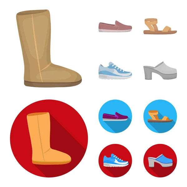 Beige ugg laarzen met bont, bruin instappers met een witte tong, sandalen met een bevestigingsmiddel, witte en blauwe sneakers. Schoenen collectie iconen in de tekenfilm, vlakke stijl vector symbool stock illustratie web instellen. — Stockvector