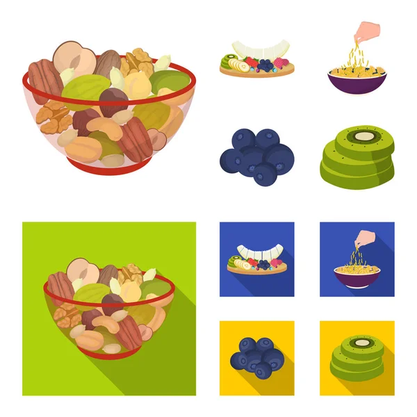 Ассорти орехов, фруктов и других продуктов питания. Иконки коллекции продуктов питания в мультфильме, векторные векторные символы плоского стиля паутины . — стоковый вектор