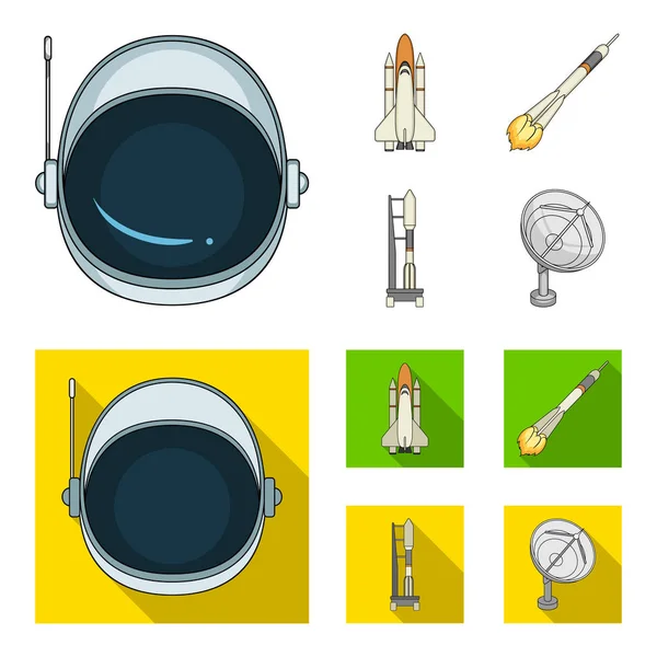 Ein Raumschiff im All, eine Frachtfähre, eine Startrampe, ein Astronautenhelm. Space Technology Set Sammlung Symbole in Cartoon, flachen Stil Vektor Symbol Stock Illustration Web. — Stockvektor