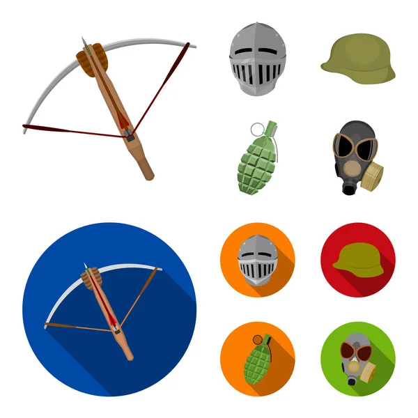 Ballesta, casco medieval, casco de soldado, granada de mano. Armas conjunto colección iconos en dibujos animados, plano estilo vector símbolo stock ilustración web . — Vector de stock