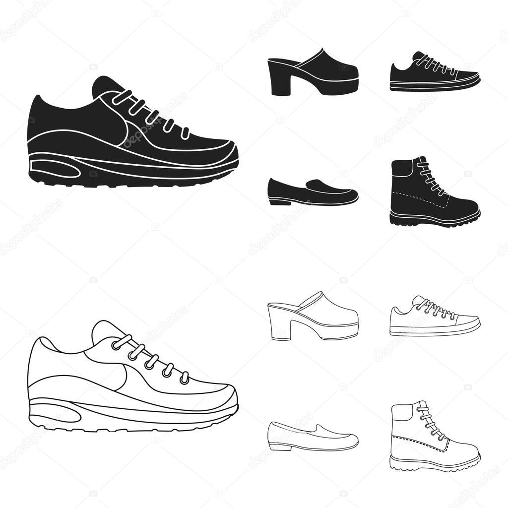 Flip-flops, clogs on a high platform and heel, green sneakers with laces, female gray ballet flats, red shoes on the tractor sole. Shoes set collection icons in black,outline style vector symbol stock