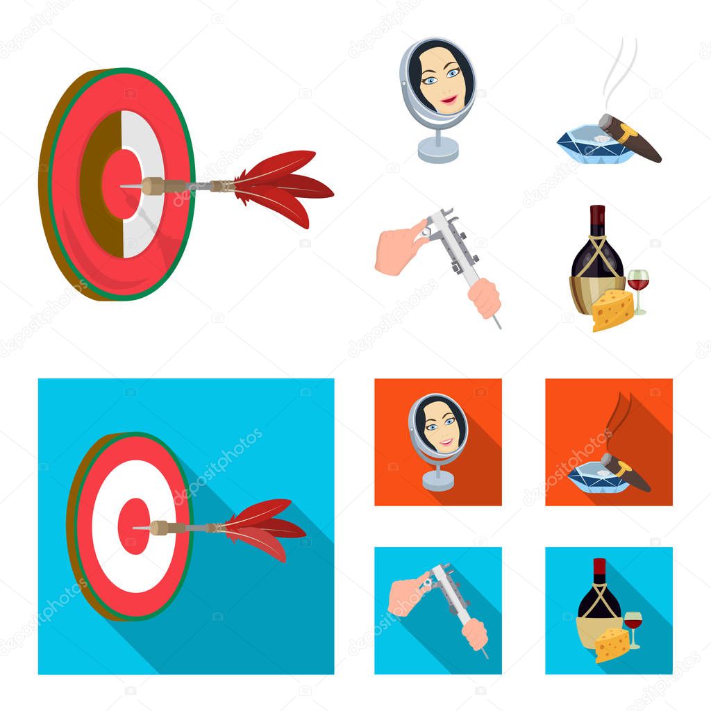 Game Darts, reflection in the mirror and other web icon in cartoon,flat style. Cigar , calipers icons in set collection.