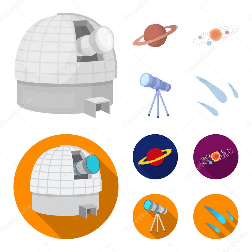 Observatory with radio telescope, planet Mars, Solar system with orbits of planets, telescope on tripod. Space set collection icons in cartoon,flat style vector symbol stock illustration web.