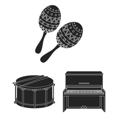 Set koleksiyonu tasarım için müzik aleti siyah simgeler. Sembol stok web illüstrasyon vektör dize ve Nefesli/Üflemeli Saz.