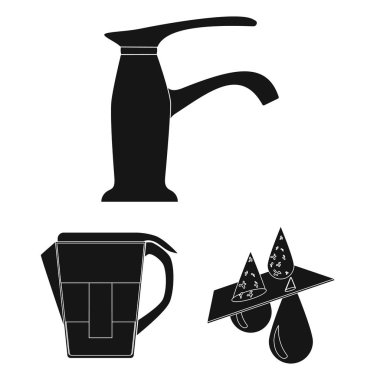 Set koleksiyonu tasarım için su filtrasyon sistemi siyah simgeler. Temizlik ekipmanları vektör simge stok web çizim.