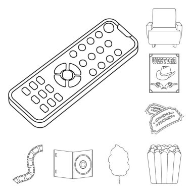 Filmler ve sinema anahat simgeleri set koleksiyonu tasarım için. Film ve öznitelikleri sembol stok web illüstrasyon vektör.