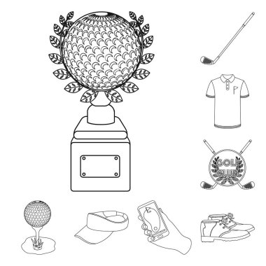 Golf ve öznitelikleri set koleksiyonu tasarım için simgeleri anahat. Golf Kulübü ve ekipman sembol stok web illüstrasyon vektör.