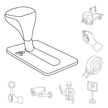 Park arabalar anahat simgeleri set koleksiyonu tasarım için için. Ekipman ve hizmet vektör simgesi web illüstrasyon stok.