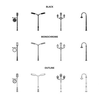Lamppost in retro style,modern lantern, torch and other types of streetlights. Lamppost set collection icons in black,monochrome,outline style vector symbol stock illustration web.