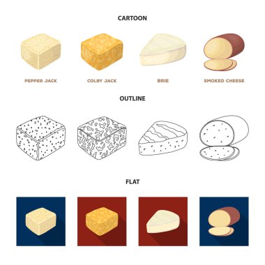 Brynza, füme, colby jack, pepper jack. Peynir farklı türde koleksiyon Icons set çizgi film, anahat, düz stil vektör simge stok çizim web.