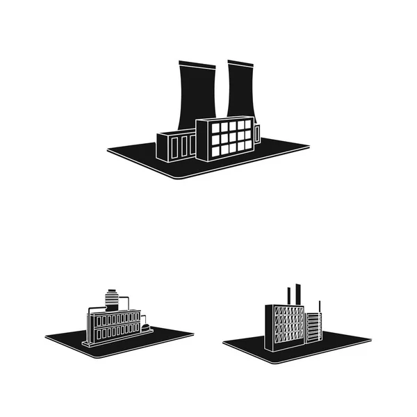 Iconos negros de fábrica y planta en colección de conjuntos para el diseño. Producción y empresa vector isométrico símbolo stock web ilustración . — Archivo Imágenes Vectoriales