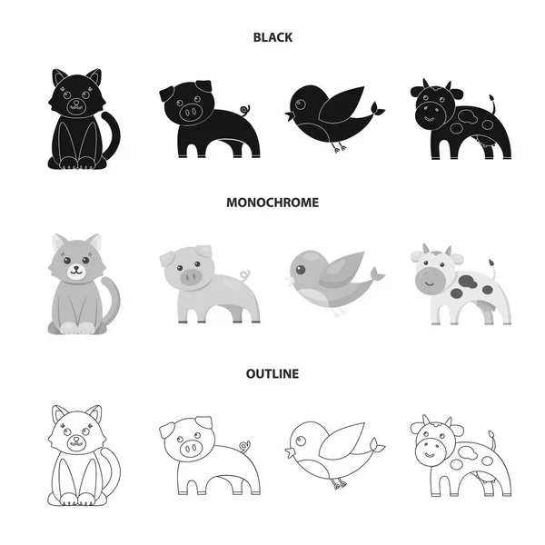 Eine unrealistische schwarze, monochrome, umrissene Tiersymbole in Set-Kollektion für das Design. Spielzeug Tiere Vektor Symbol Stock Web Illustration. — Stockvektor