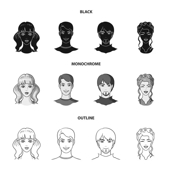 Diversi sguardi dei giovani. icone di raccolta avatar e set viso in nero, monocromatico, stile contorno vettore simbolo stock illustrazione web . — Vettoriale Stock