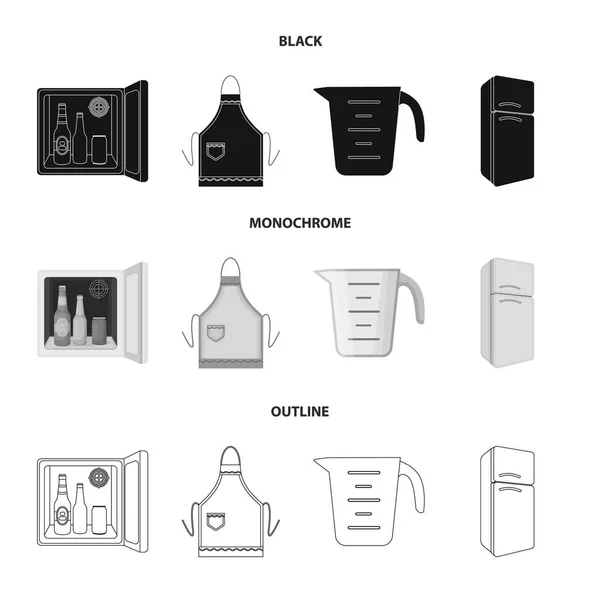 Equipement de cuisine noir, monochrome, icônes contour dans la collection set pour le design. Cuisine et accessoires symbole vectoriel stock web illustration . — Image vectorielle