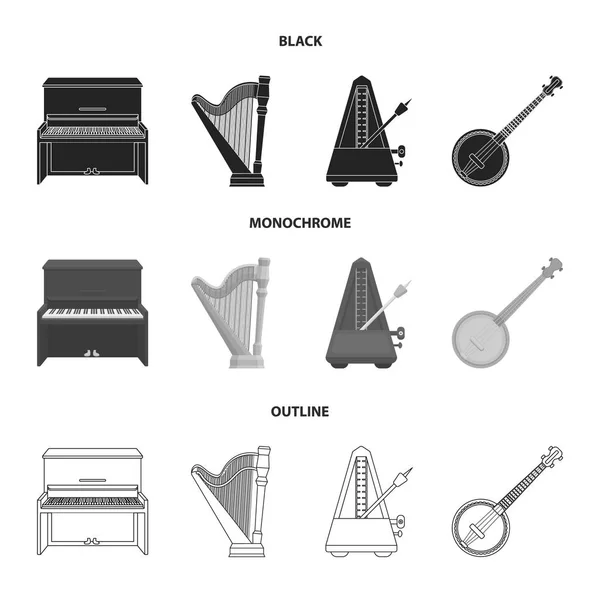 Banjo, Klavier, Harfe, Metronom. Musikinstrumente set sammlung symbole in schwarz, monochrom, umriss stil vektor symbol stock illustration web. — Stockvektor