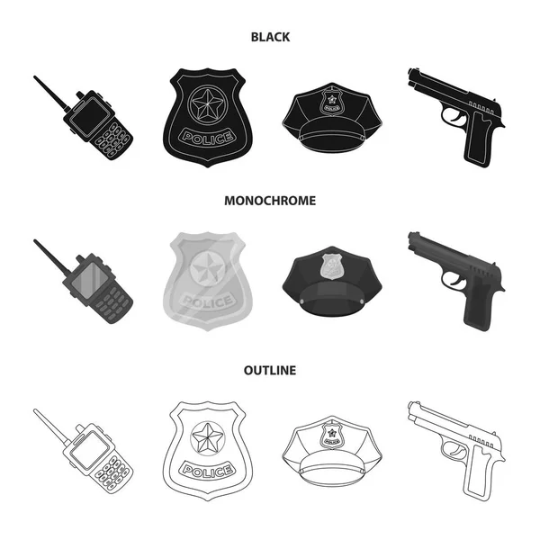 Rádió, rendőr jelvény, egységes sapka, pisztoly. Rendőrség készlet gyűjtemény ikonok-ban fekete, fekete-fehér, vázlat stílusú vektor szimbólum stock illusztráció web. — Stock Vector