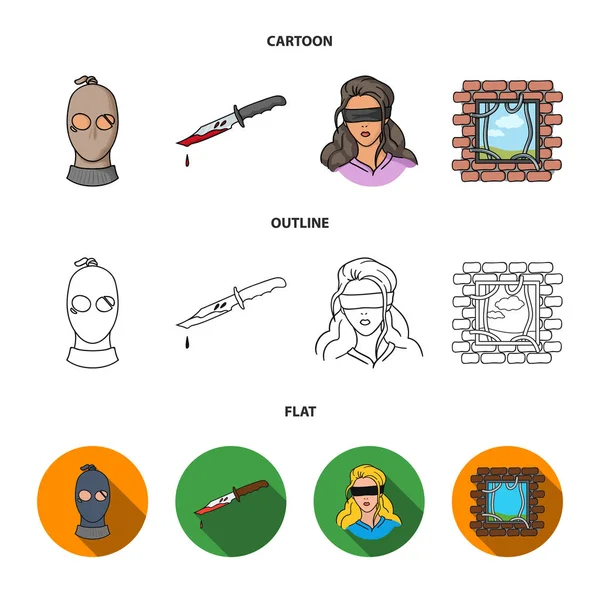 Een dief in een masker, een bloedige mes, een gijzelaar, een ontsnapping uit de gevangenis. Misdaad instellen collectie iconen in de tekenfilm, overzicht, vlakke stijl vector symbool stock illustratie web. — Stockvector