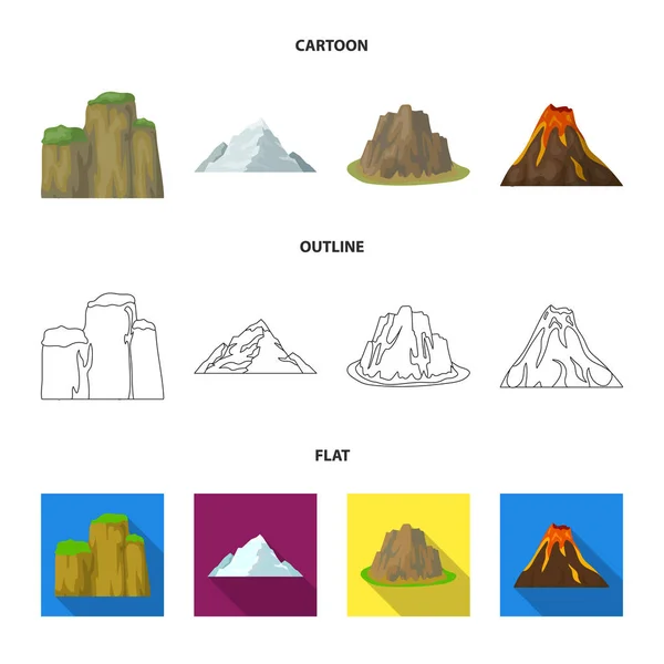 Klify, wybuch wulkanu, Góra z plaży, lodowiec. Inne góry zestaw kolekcja ikony kreskówka, konspekt, www ilustracji symbol wektor płaski. — Wektor stockowy