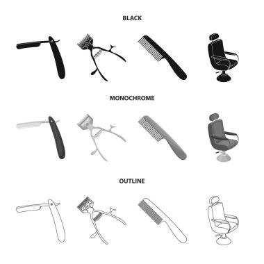 Bir ustura, mekanik saç kesme makinesi, bir koltuk ve diğer ekipman için bir kuaför. Berber Dükkanı koleksiyonu Icons set siyah, tek renkli, anahat stili vektör simge stok çizim web.