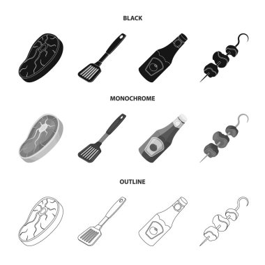 Çiğ et biftek, saplı ızgara, şişe ketçap, şiş kebap. Barbekü koleksiyonu Icons set siyah, tek renkli, anahat stili vektör simge stok çizim web.