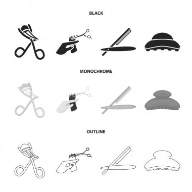 Makas, fırça, jilet ve diğer ekipmanlar. Kuaför koleksiyonu Icons set siyah, tek renkli, anahat stili vektör simge stok çizim web.