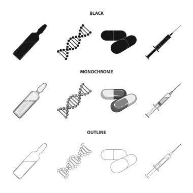 İnsan DNA'sı ve diğer ekipmanlar. Tıp koleksiyonu Icons set siyah, tek renkli, anahat stili vektör simge stok çizim web.
