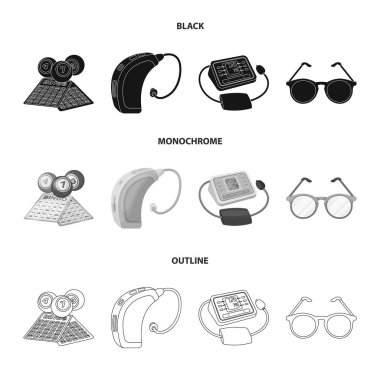 Piyango, işitme yardım, tonometer, gözlük. Yaşlılık koleksiyonu Icons set siyah, tek renkli, anahat stili vektör simge stok çizim web.