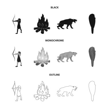 Adam, hunter, soğan, şenlik ateşi. Taş Devri koleksiyonu Icons set siyah, tek renkli, anahat stili vektör simge stok çizim web.