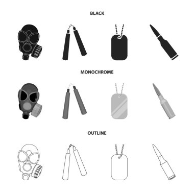 Gaz maskesi, nunchak, mühimmat, asker belirteci. Silah toplama simgeler set siyah, tek renkli, anahat stili vektör simge stok çizim web.