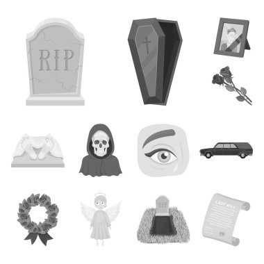 Cenaze töreni set koleksiyonu tasarım için tek renkli simgeler. Cenaze törenleri ve öznitelikleri sembol stok web illüstrasyon vektör.