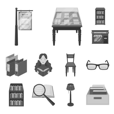 Kütüphane ve kitap tek renkli simgeler set koleksiyonu tasarım için. Kitap ve mobilyalar sembol stok web illüstrasyon vektör.