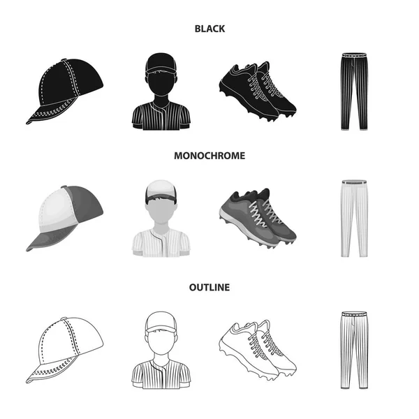 Casquette de baseball, lecteur et autres accessoires. Ensemble de baseball collection icônes en noir, monochrome, contour style vectoriel symbole illustration web . — Image vectorielle