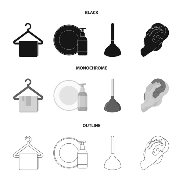 Limpieza y criada negro, monocromo, iconos de contorno en la colección de conjuntos para el diseño. Equipo para la limpieza vector símbolo stock web ilustración . — Archivo Imágenes Vectoriales