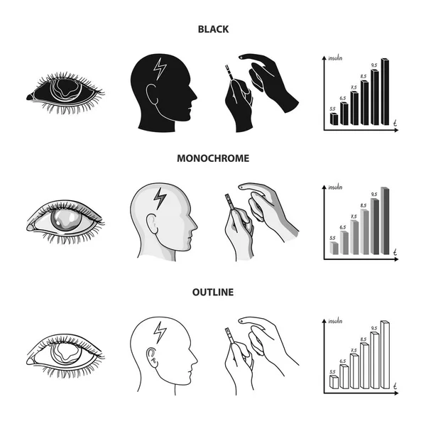 Sehschwäche, Kopfschmerzen, Glukosetest, Insulinabhängigkeit. Diabetiker Set Sammlung Symbole in schwarz, monochrom, Umriss Stil Vektor Symbol Stock Illustration Web. — Stockvektor